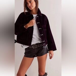 Free People Suzy Flocked Denim Jacket We The Free Snap Front Wine